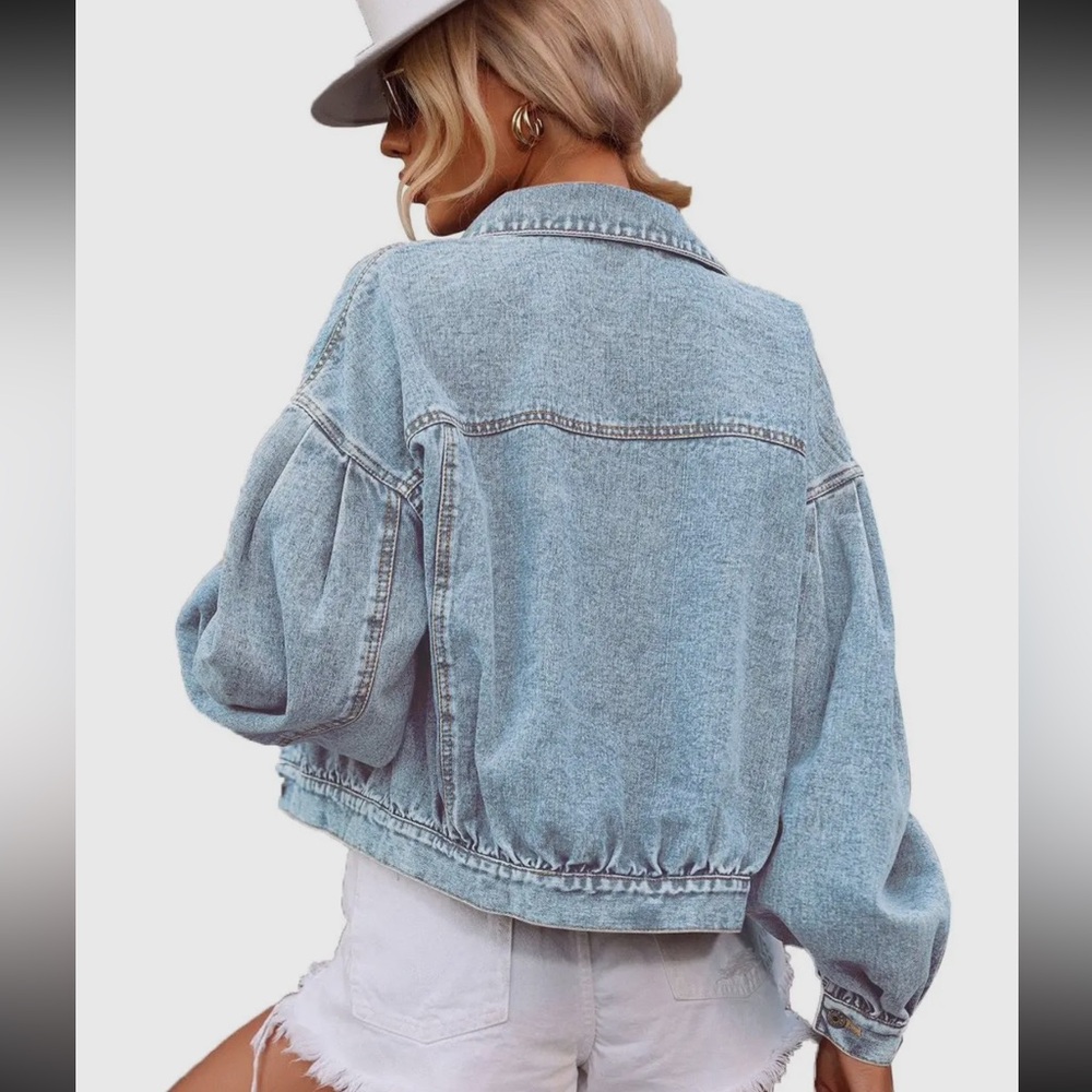 Classic Blue Denim Jacket - Women's Oversized Jean Jacket Ruffle Arm Detail - Picture 3 of 3